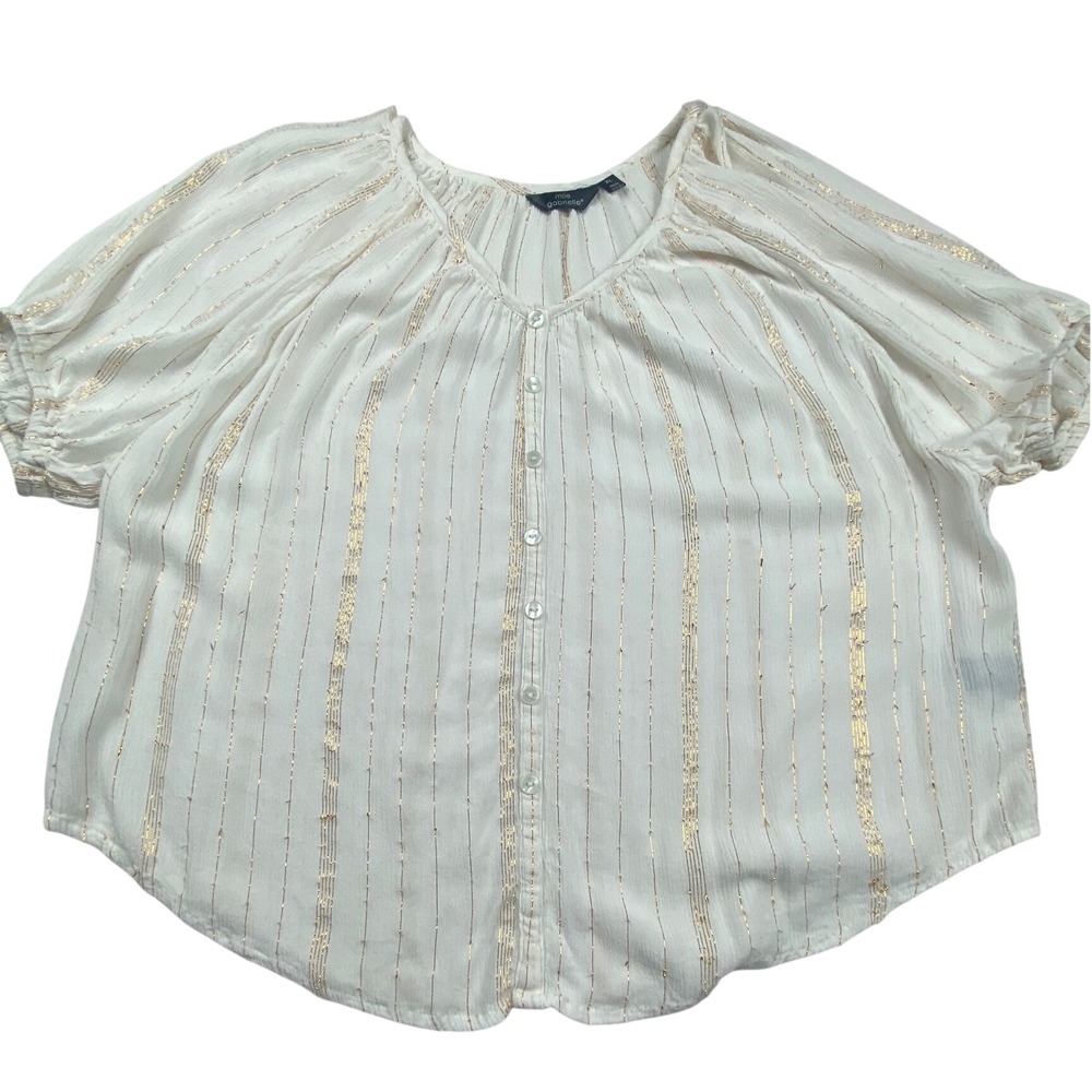 Mlle Gabrielle Womens XL White Gold Metallic Stripe Button Front Blouse Top